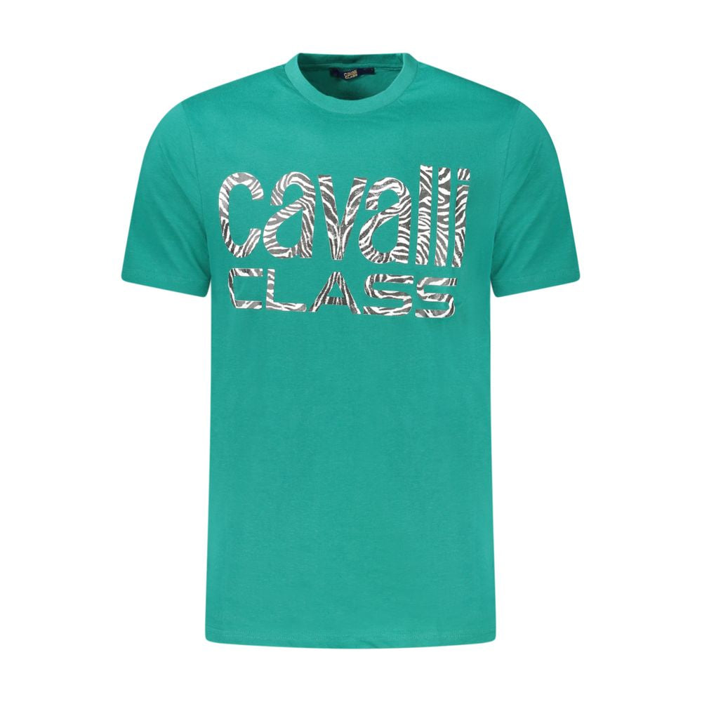 Cavalli Class Green Cotton T-Shirt, short sleeve with crew neck and printed logo design.