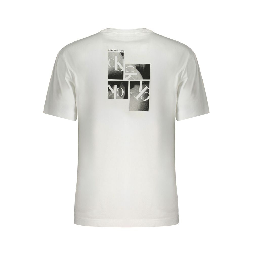 Calvin Klein White Cotton T-Shirt with crew neck, short sleeves, logo print, made from 95% regenerative cotton, back design view.