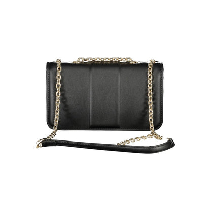 Mario Valentino Black Polyethylene Women Handbag with chain shoulder strap and snap closure, perfect for a stylish and elegant look.
