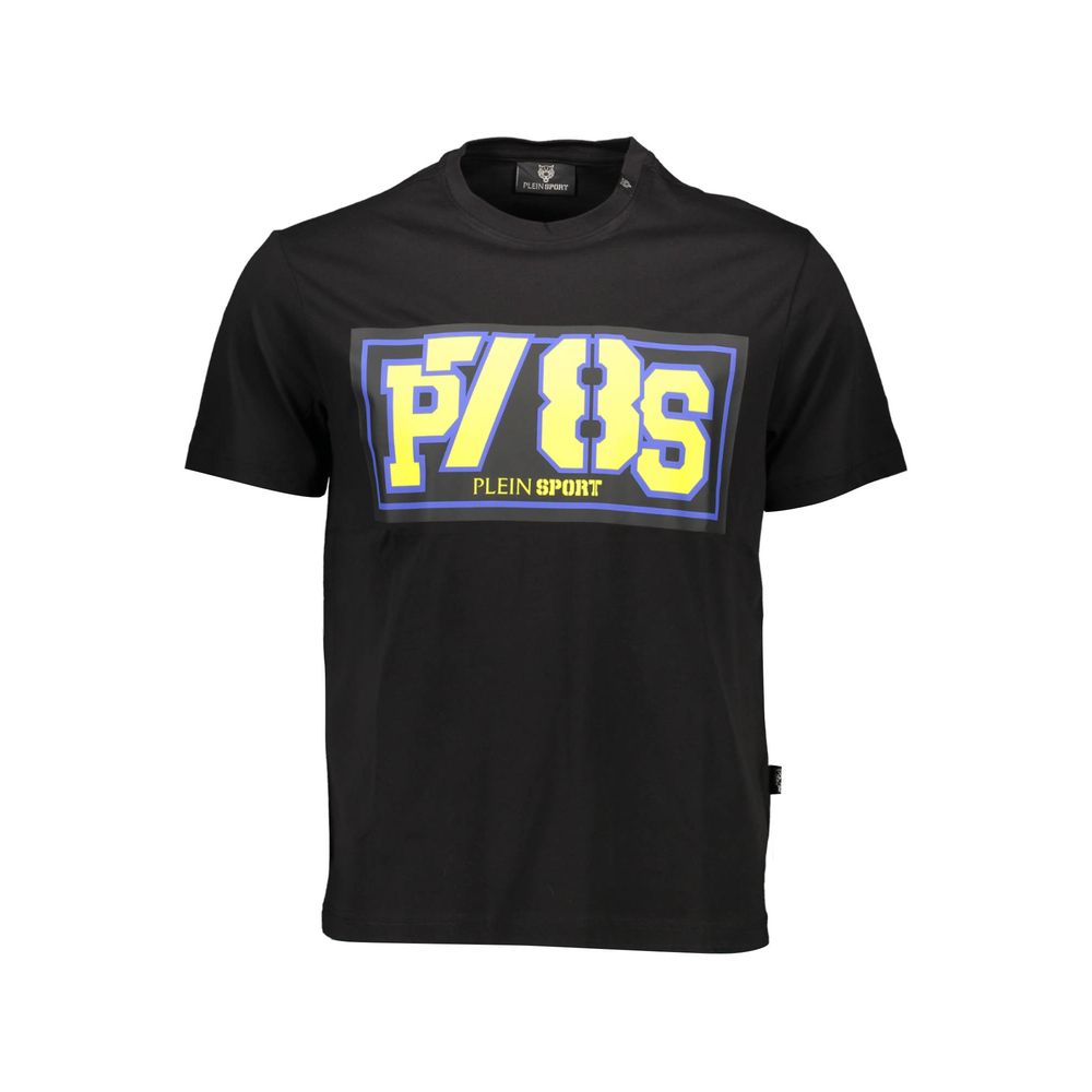 Plein Sport Black Cotton Men T-Shirt with bold print and contrasting details for athletic style and comfort.