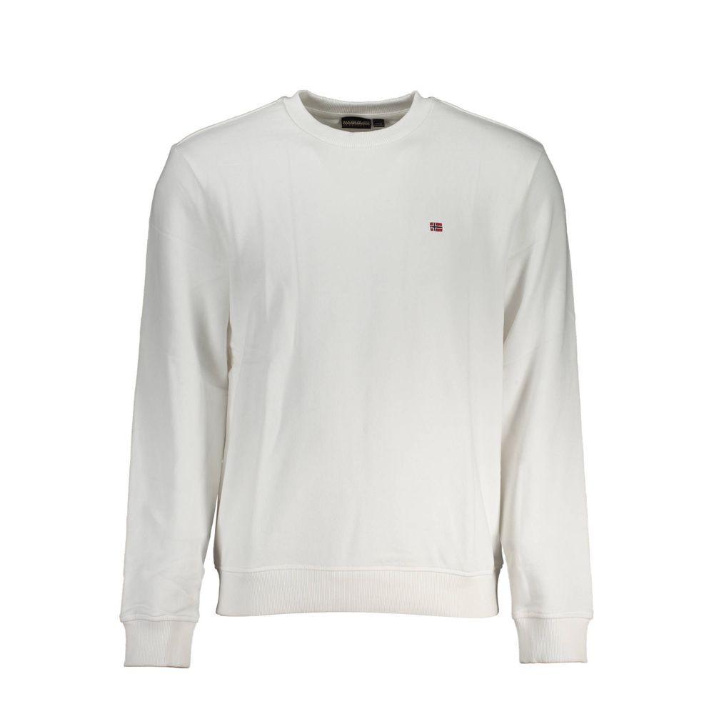 Napapijri White Cotton Men Sweater with embroidery logo, crew neck, and brushed texture for casual style and comfort.