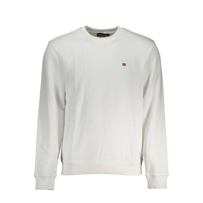 Napapijri White Cotton Men Sweater with embroidery logo, crew neck, and brushed texture for casual style and comfort.