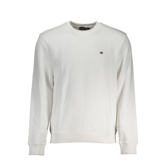 Napapijri White Cotton Men Sweater with embroidery logo, crew neck, and brushed texture for casual style and comfort.
