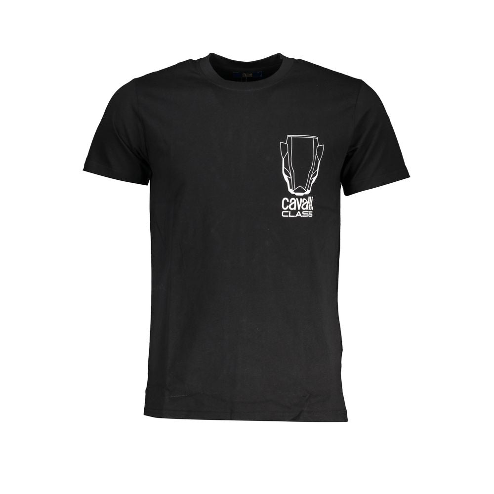 Cavalli Class Black Cotton T-Shirt with short sleeves, crew neck, and printed logo design.