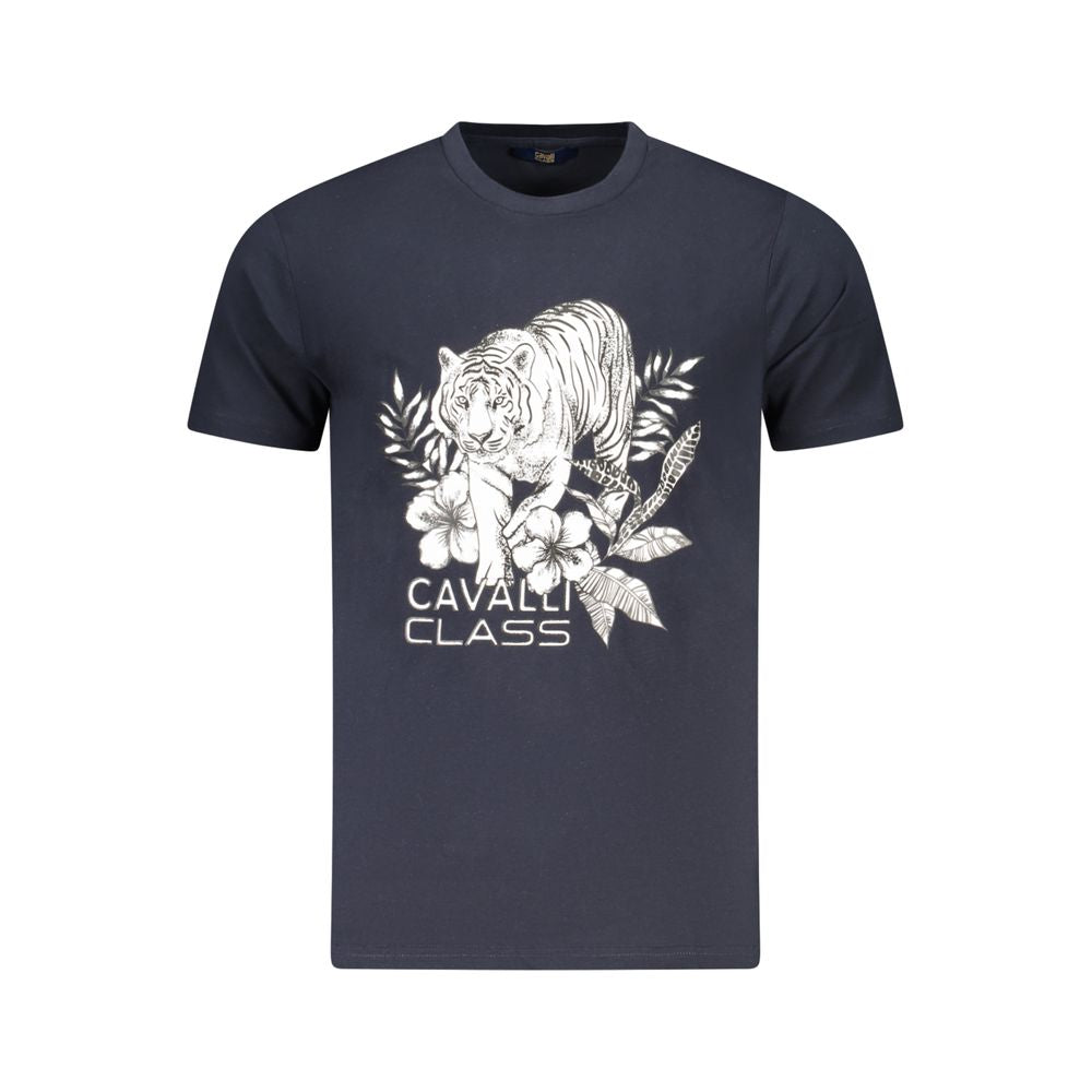Cavalli Class Blue Cotton Men T-Shirt with tiger print, short sleeve, crew neck, luxury casual wear for trendsetters.