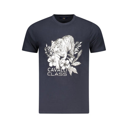 Cavalli Class Blue Cotton Men T-Shirt with tiger print, short sleeve, crew neck, luxury casual wear for trendsetters.