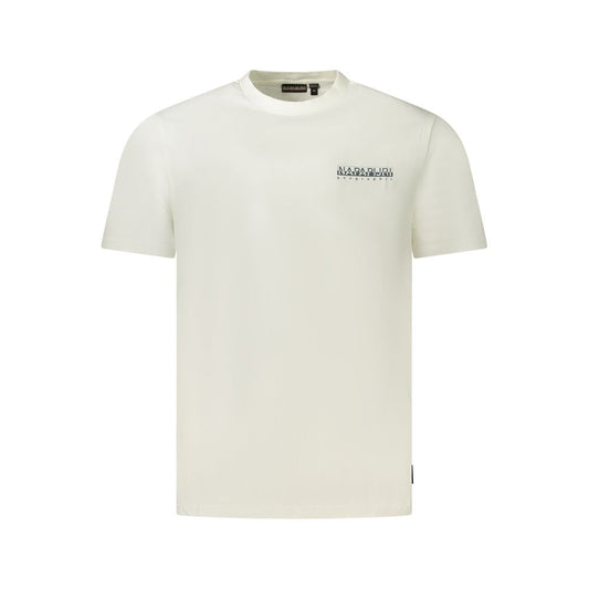 Napapijri White Cotton Men T-Shirt with crew neck and iconic logo print, made from 100% organic cotton for comfort and sustainability.