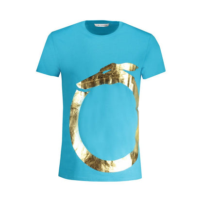 Trussardi Light Blue Cotton Men T-Shirt with gold print design, showcasing modern elegance and iconic Trussardi logo.