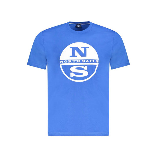 North Sails Blue Cotton Men T-Shirt with logo and nautical print on front, short sleeves, crew neck, 100% cotton for comfort and style.