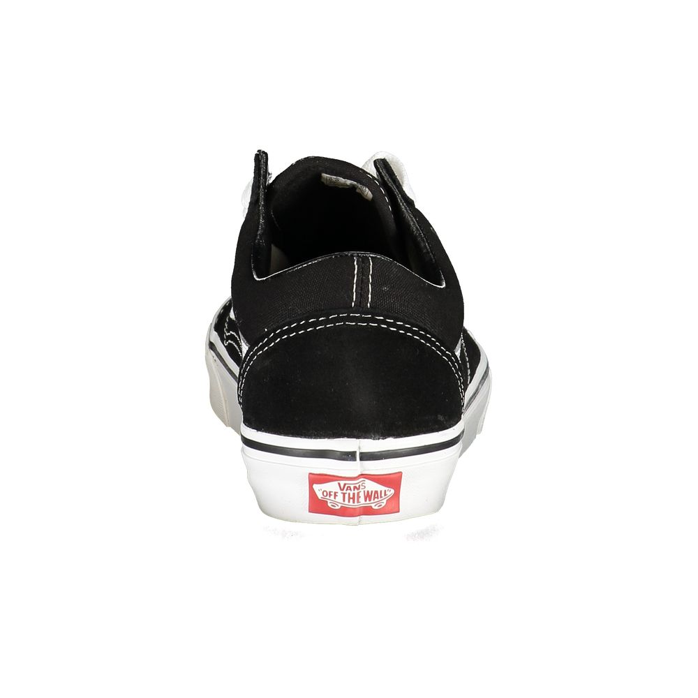 Rear view of Vans Black Leather Men Sneaker showcasing the iconic Off The Wall branding and durable construction.