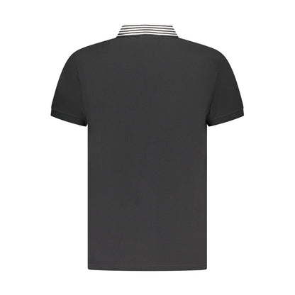 Back view of Cavalli Class Black Cotton Men Polo Shirt with striped collar detail, showcasing Italian craftsmanship and style.