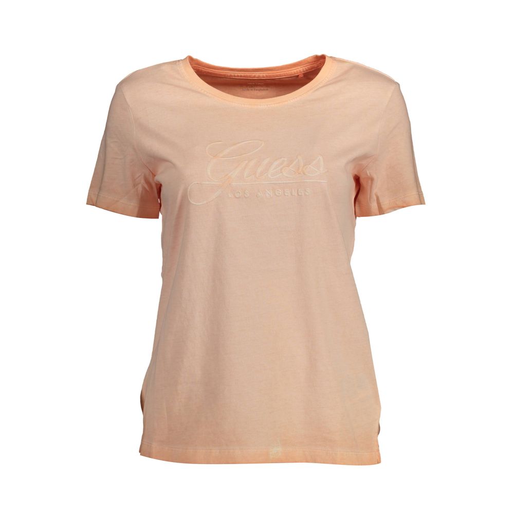 Guess Jeans Pink Cotton Women T-Shirt with embroidered logo, wide neckline, and washed-effect design for chic casual or trendy evening wear.