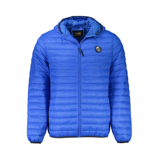 Cavalli Class Blue Polyamide Men Jacket with hood and logo, featuring light padding, zipper closure, and four pockets for functional style.