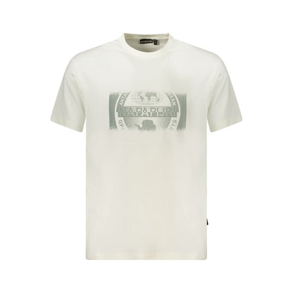 Napapijri White Cotton Men T-Shirt with crew neck and bold print on front, showcasing eco-conscious fashion style.