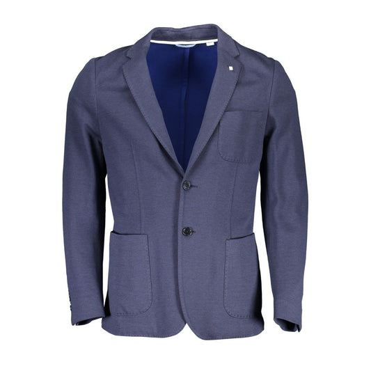 Gant Blue Cotton Men Jacket with classic single-breasted design and distinct buttons for modern style.