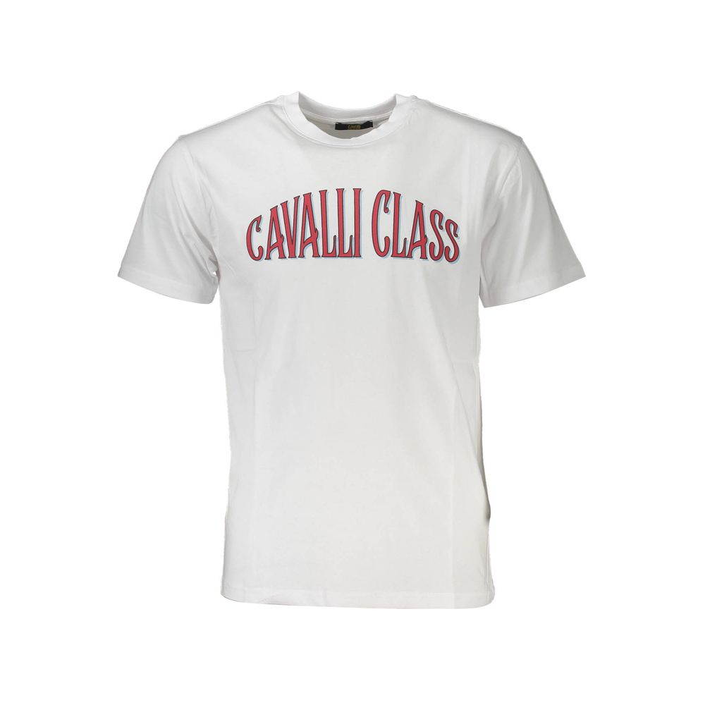 Cavalli Class White Cotton Men T-Shirt with bold logo print, short sleeves, and crew neck for stylish sophistication.