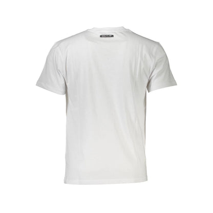 Back view of Cavalli Class White Cotton Men T-Shirt showcasing simple design and logo tag detail