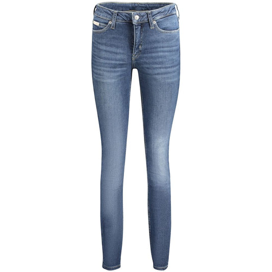 Calvin Klein Blue Cotton Women Jeans with mid-rise skinny fit, washed effect, and iconic logo for chic style.