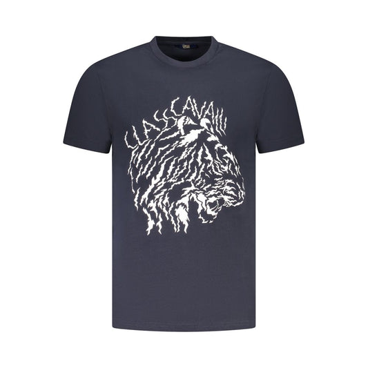 Cavalli Class Blue Cotton Men T-Shirt with crew neck and bold print showcasing modern luxury and style.