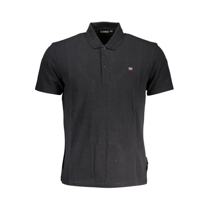 Napapijri Black Cotton Men Polo Shirt with logo embroidery, short sleeves, and classic 3-button design.