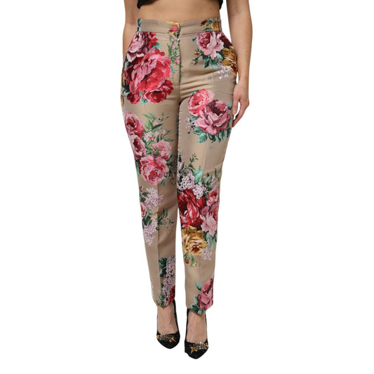 Dolce & Gabbana Beige Floral Print Women High Waist Pants