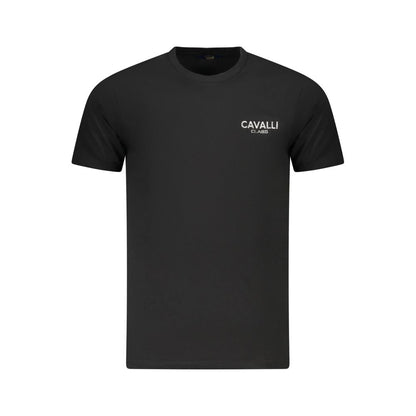 Cavalli Class Black Cotton Men T-Shirt, sleek design with an eye-catching print and logo, crafted for comfort and style.