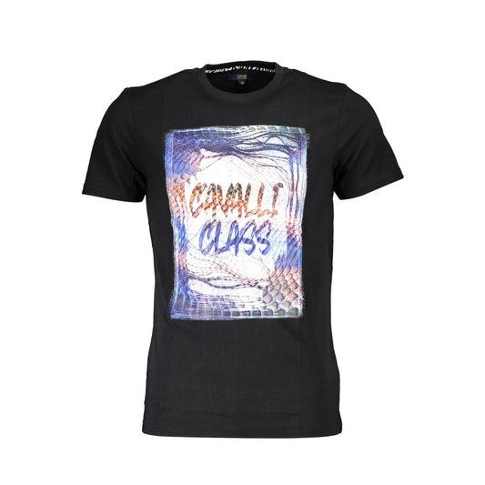 Cavalli Class Black Cotton Men T-Shirt with logo and colorful print design, short sleeve crew neck for stylish and confident wear.