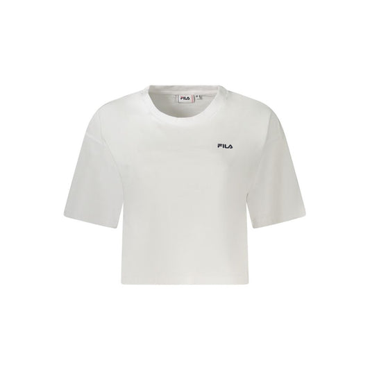 Fila White Cotton Women T-Shirt featuring bold print and logo, loose cropped design, made from organic cotton for comfort and style.