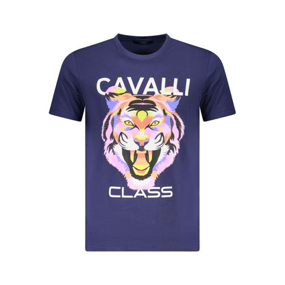 Cavalli Class Blue Cotton Men T-Shirt featuring bold tiger print and logo, perfect for a stylish and sophisticated look.