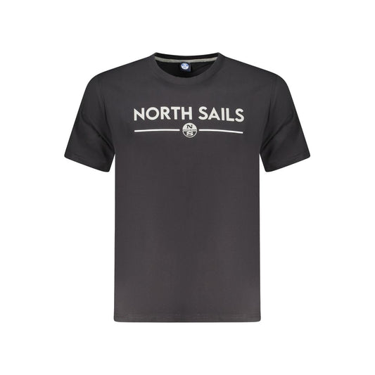 North Sails Black Cotton Men T-Shirt with logo and bold seafaring print, crew neck, 100% cotton, comfortable everyday wear.