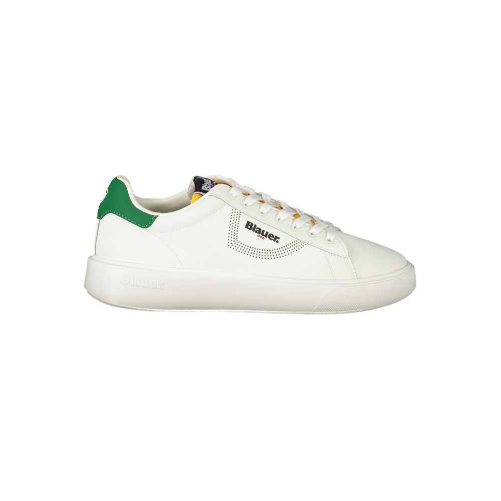 Blauer White Leather Men Sneaker with green accents and dynamic print, featuring premium materials and Blauer logo for trendy street style.