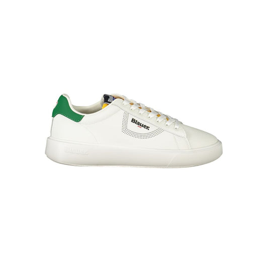 Blauer White Leather Men Sneaker with green accents and dynamic print, featuring premium materials and Blauer logo for trendy street style.
