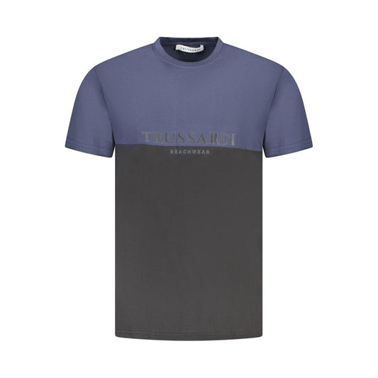 Trussardi Blue Cotton Men T-Shirt with two-tone design and bold logo.