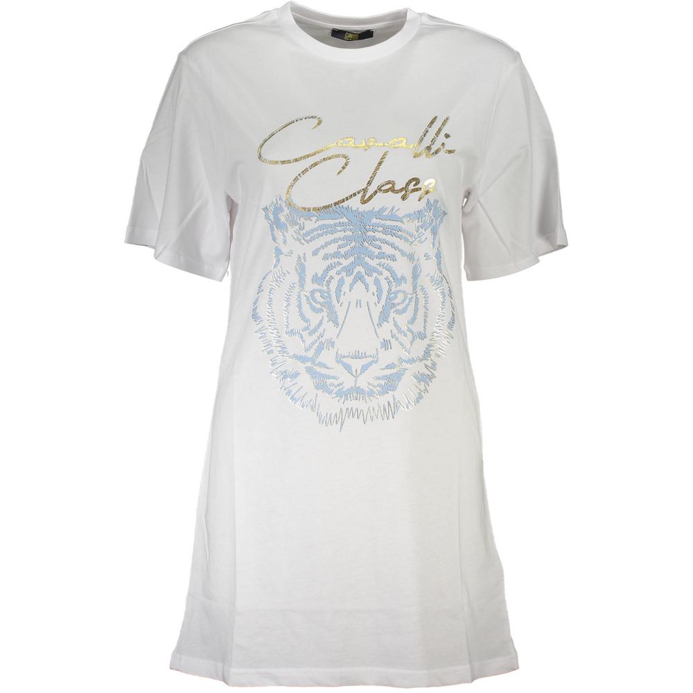 Cavalli Class White Cotton Women T-Shirt with tiger print, elegant design, and logo detailing, short-sleeve, comfort fit.