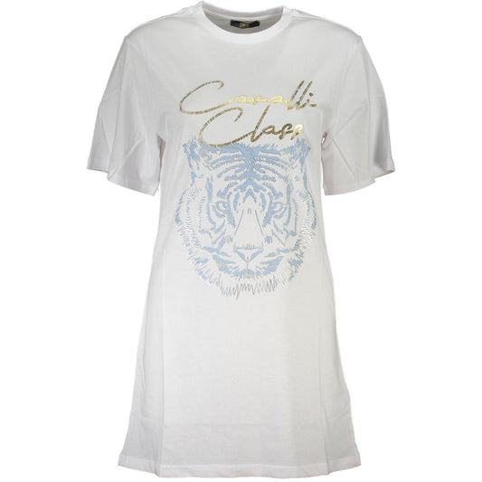 Cavalli Class White Cotton Women T-Shirt with logo print on front, short sleeves, and chic round neckline for casual elegance.