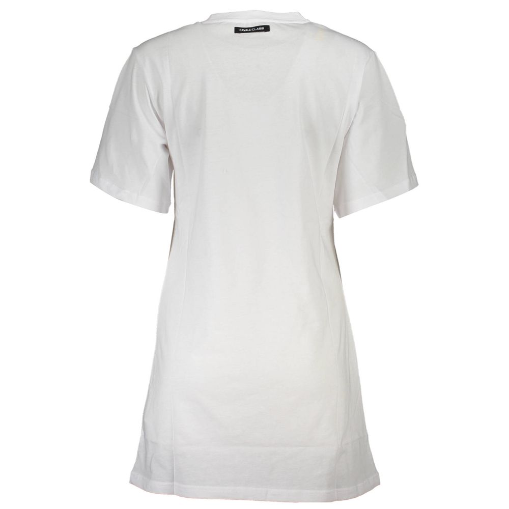 Back view of Cavalli Class White Cotton Women T-Shirt with short sleeves and round neckline, highlighting its regular fit and logo print.
