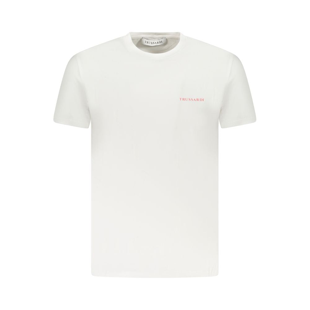 Trussardi White Cotton Men T-Shirt with brush print and logo, crafted from premium cotton blend for style and comfort.
