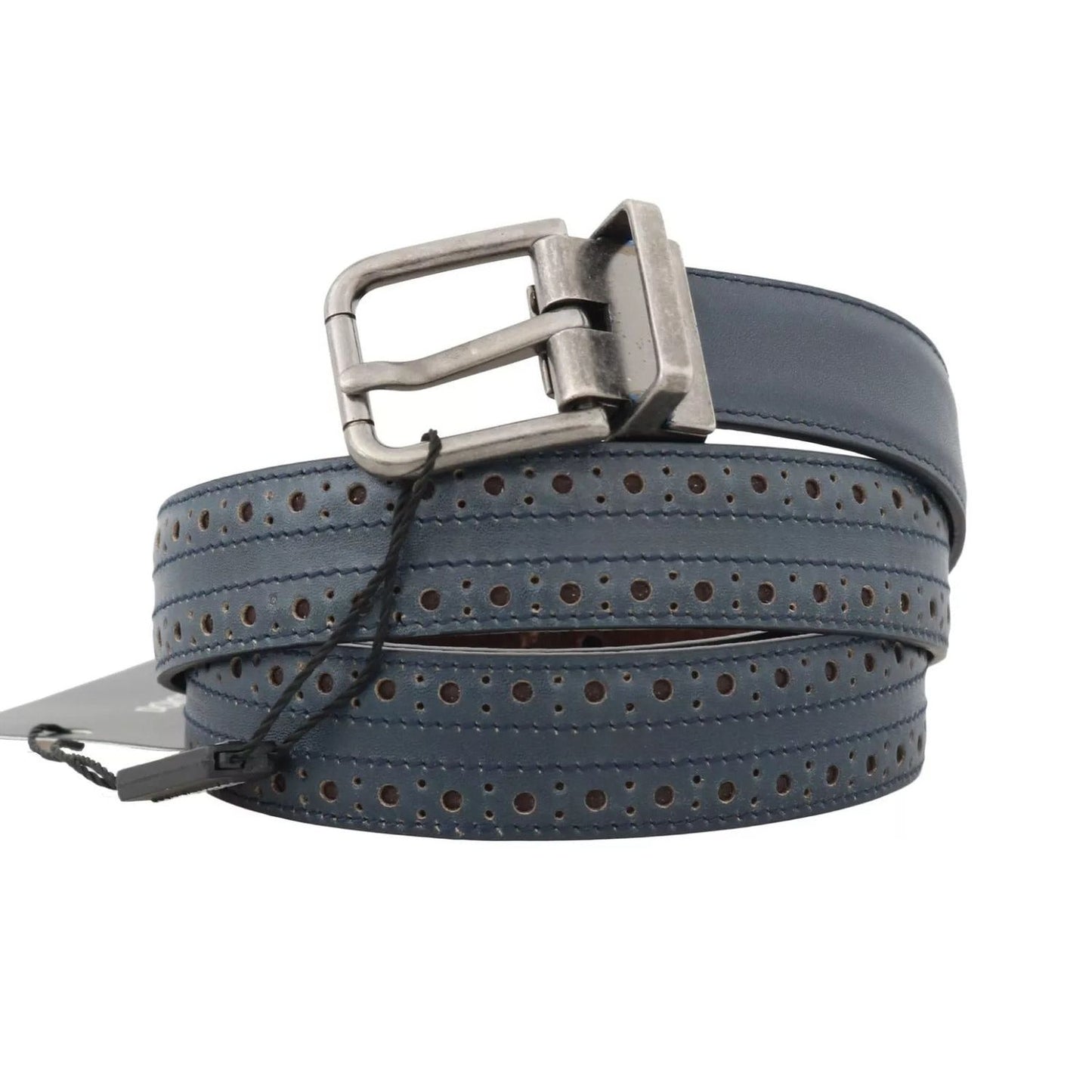 Dolce & Gabbana Blue Perforated Leather Gray Buckle Belt BEL50058-90