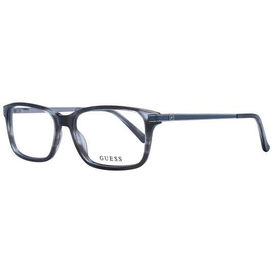 Guess Gray Men Glasses Frame with grey acetate and metal, full-rim rectangle style, spring hinge, demo lenses, includes branded case.
