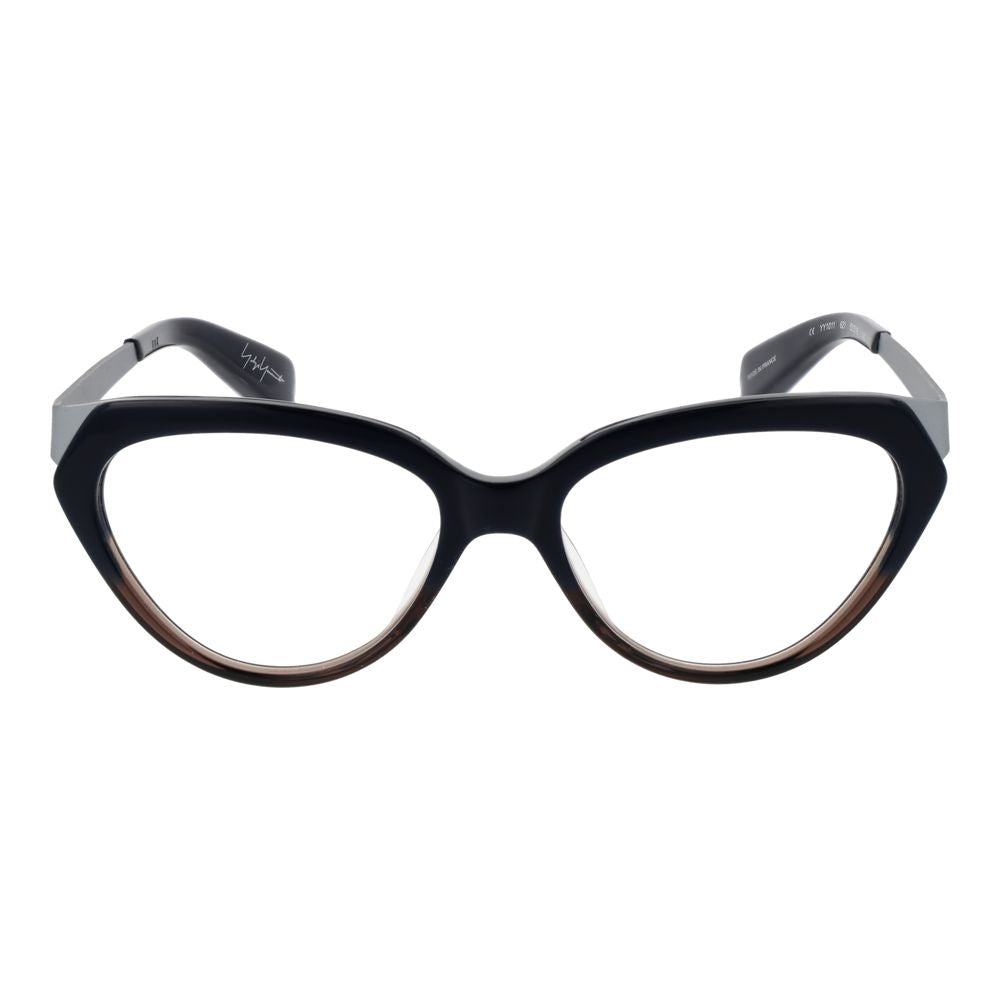 Yohji Yamamoto Black Unisex Glasses Frame in acetate, full-rim cat eye style with plastic demo lenses for versatile fashion.