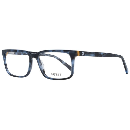 Guess Blue Men Glasses Frame, full-rim blue rectangle design with plastic material, includes branded case, size 54-35-15, spring hinge.