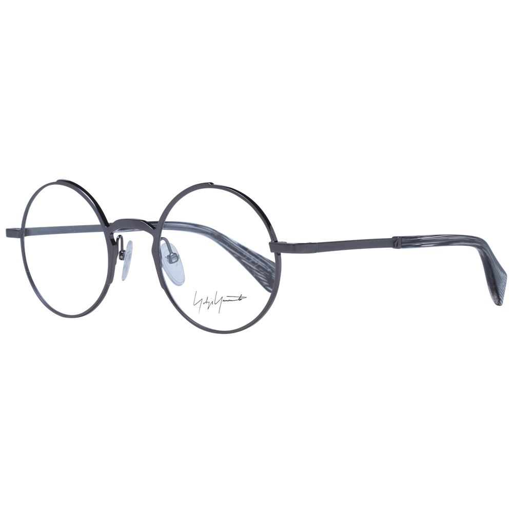 Yohji Yamamoto Gray Unisex Glasses Frame, full-rim metal panto style, 47-22-145 size, with demo plastic lenses and branded soft case.