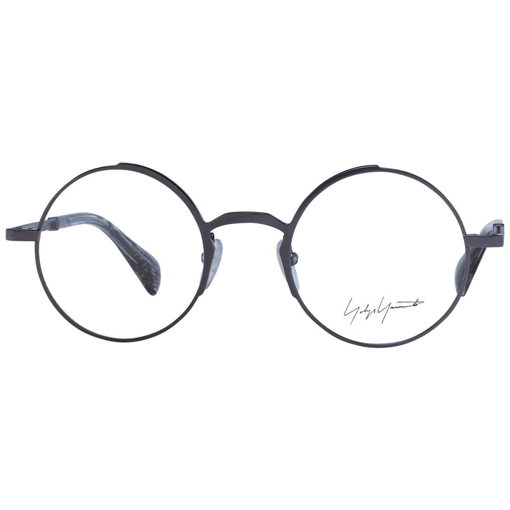 Yohji Yamamoto Gray Unisex Glasses Frame with gray metal full-rim panto style, size 47-22-145, includes branded soft case.