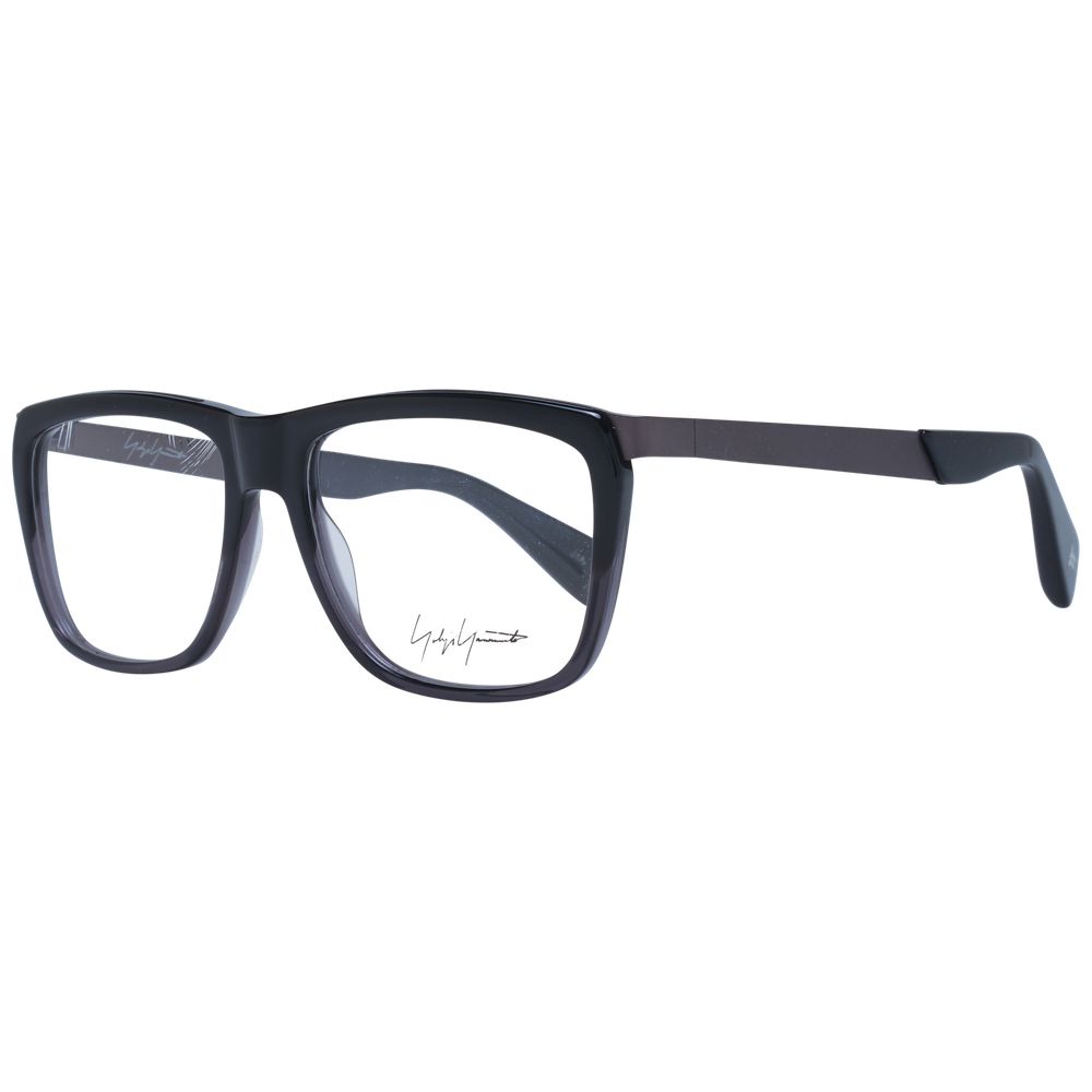 Yohji Yamamoto Black Unisex Glasses Frame, full-rim acetate square style with demo lenses, 55-16-140 dimensions, includes branded soft case.
