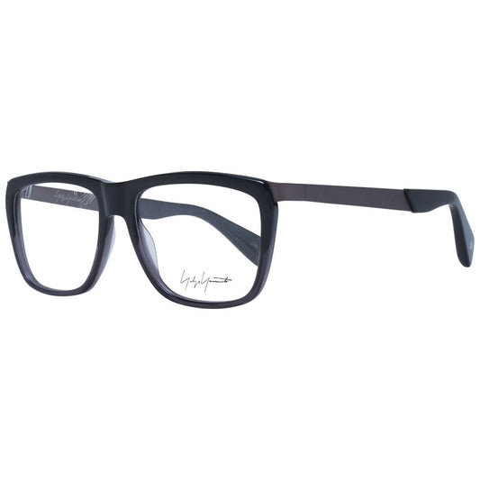 Yohji Yamamoto Black Unisex Glasses Frame, full-rim acetate square style with demo lenses, 55-16-140 dimensions, includes branded soft case.