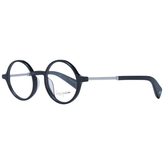 Yohji Yamamoto Black Unisex Glasses Frame, acetate full-rim design, panto style, demo lenses, size 47-20-140, branded soft case included.