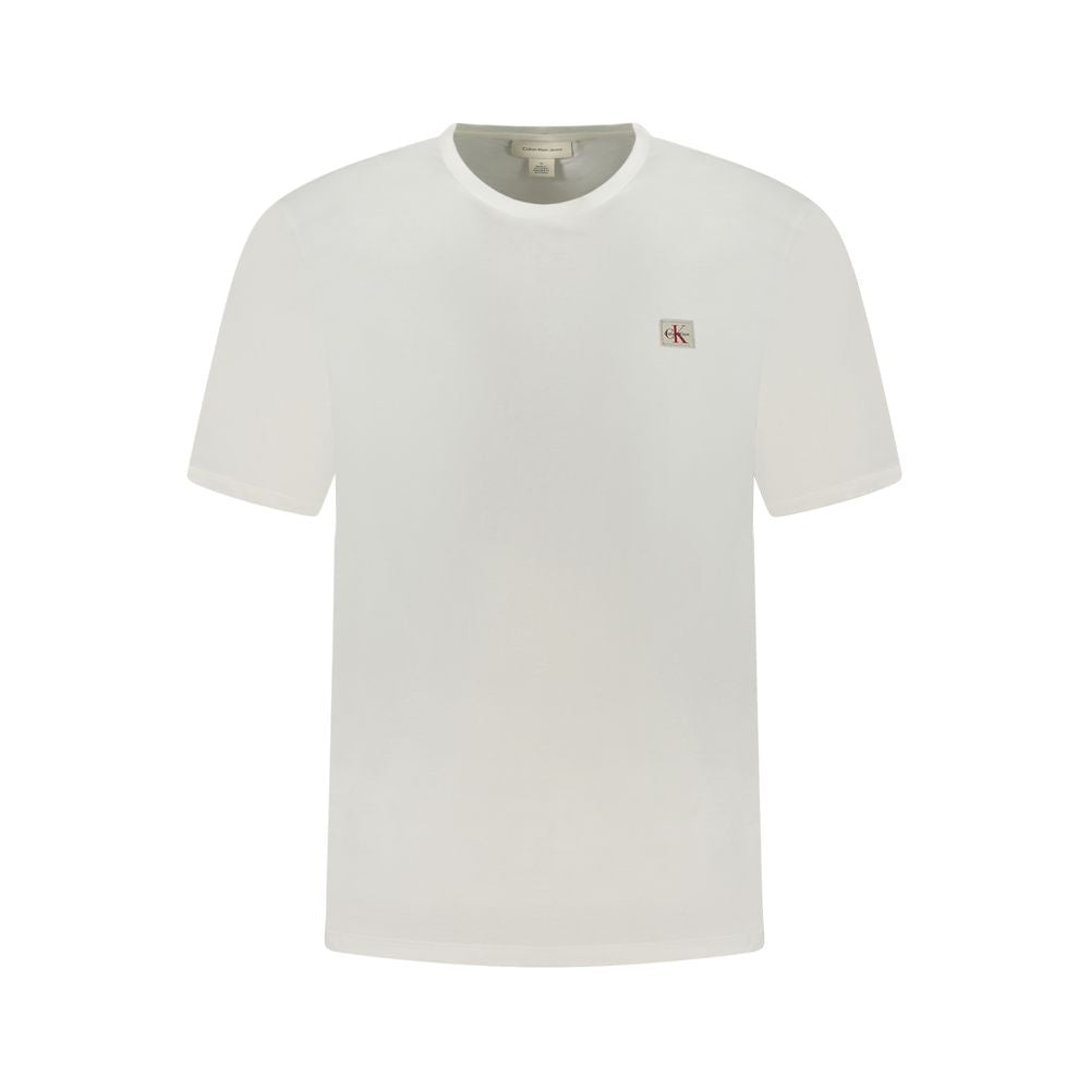 Calvin Klein White Cotton Men T-Shirt with crew neck and logo appliqué on white background.