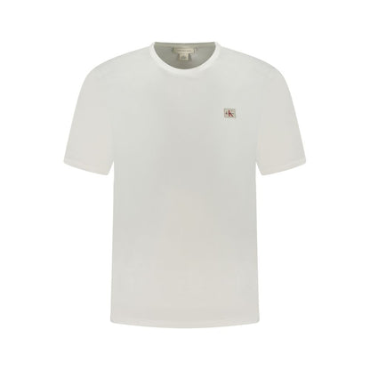Calvin Klein White Cotton Men T-Shirt with crew neck and logo appliqué on white background.