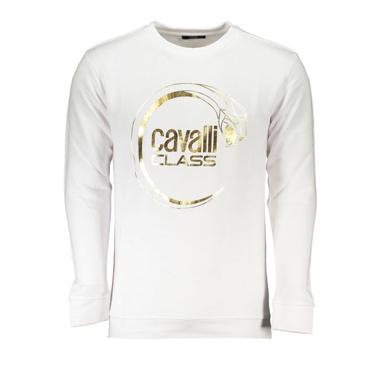 Cavalli Class White Cotton Men Sweater with gold logo print, regular-fit, featuring a crew neck and long sleeves, elegant white design.