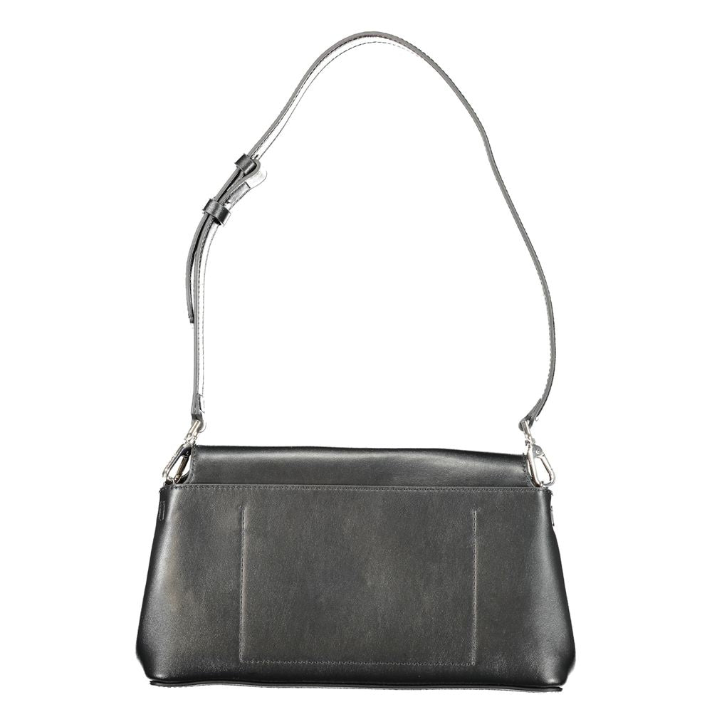 Calvin Klein Black Polyester Handbag with adjustable strap and snap closure, featuring an internal pocket and recycled polyester material.